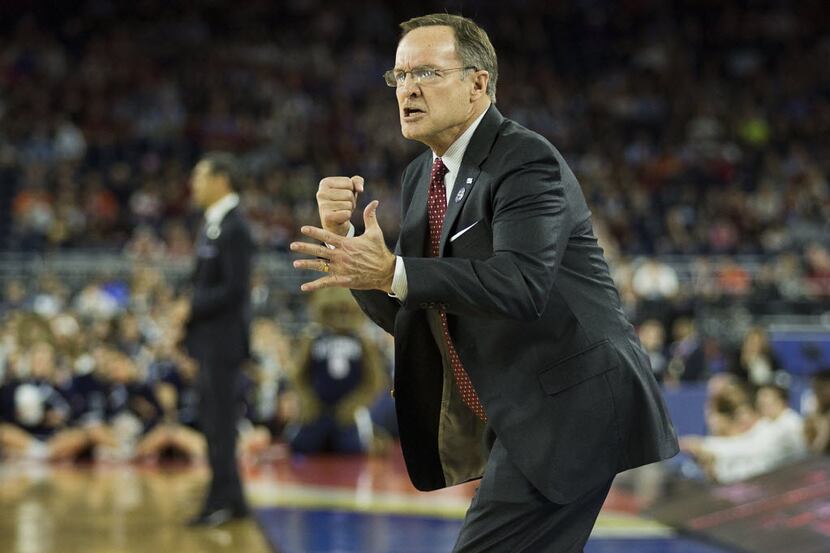 Oklahoma head coach Lon Kruger pounds his fist during the first half of a 2016 NCAA Men's...