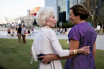 Sheila Grant (left) and Nancy Best chat before the unveiling of the Nancy Best Fountain with...