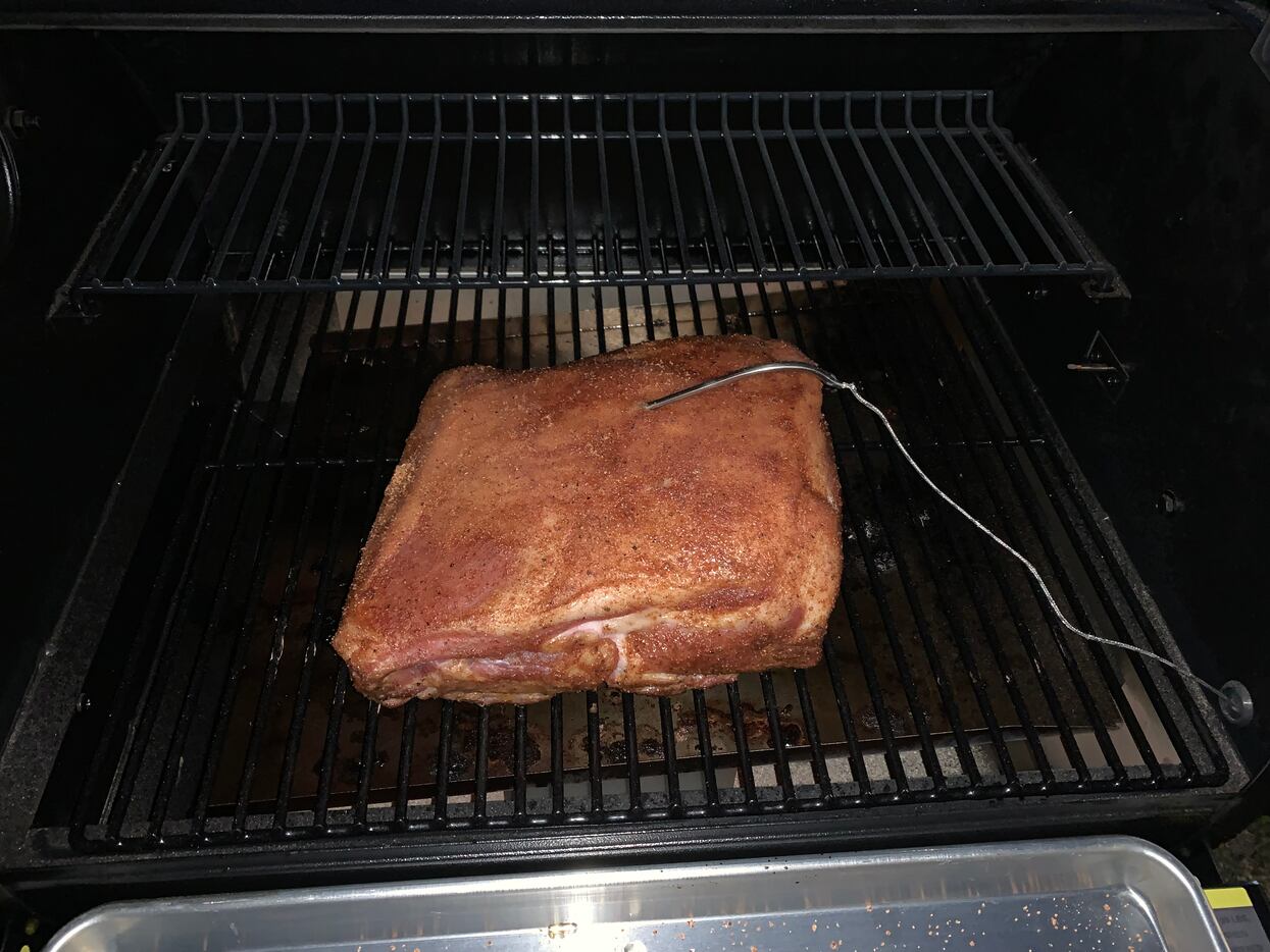 My pork shoulder with the temperature probe.