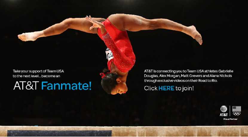 An advertisement from AT&T's #ATTFanMate campaign shows gymnast Gabrielle Douglas on the...
