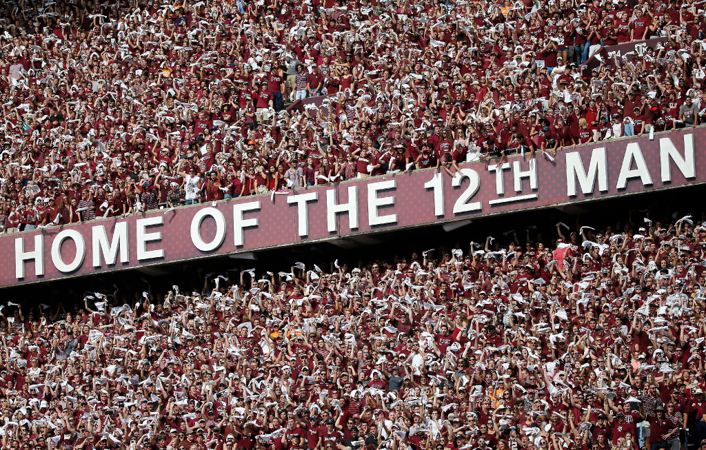 Texas A&M fans cheer for their team against Tennessee during the first quarter at Kyle Field...