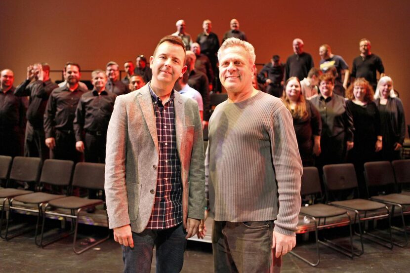 
Sean Baugh of Turtle Creek Chorale (left) joins Jeff Rane of Uptown Players during a dress...