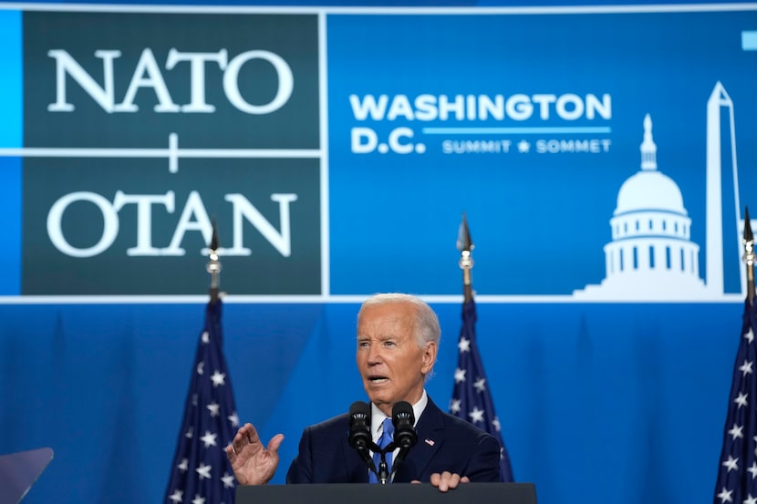 President Joe Biden speaks at a news conference following the NATO Summit in Washington,...