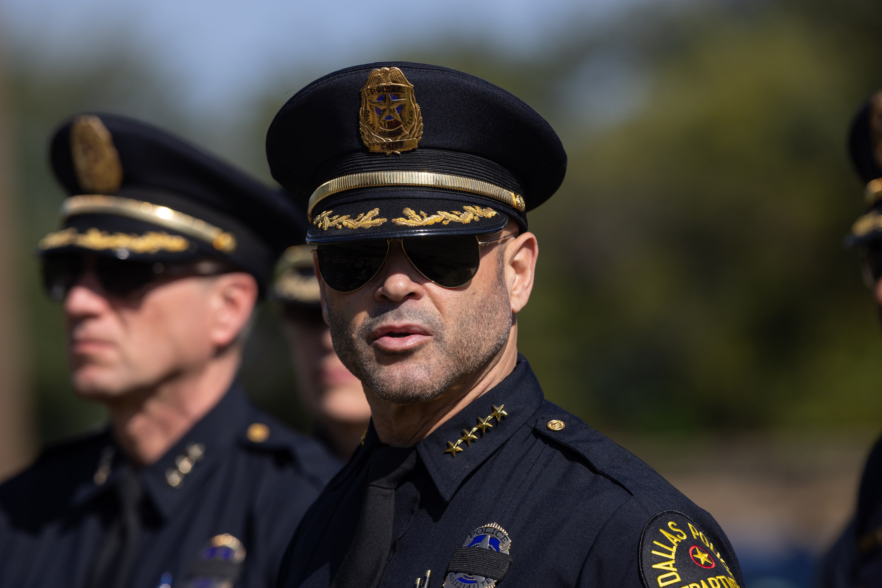 DPD Chief Eddie Garcia speaks with media at the funeral service of Darron Burks, the...