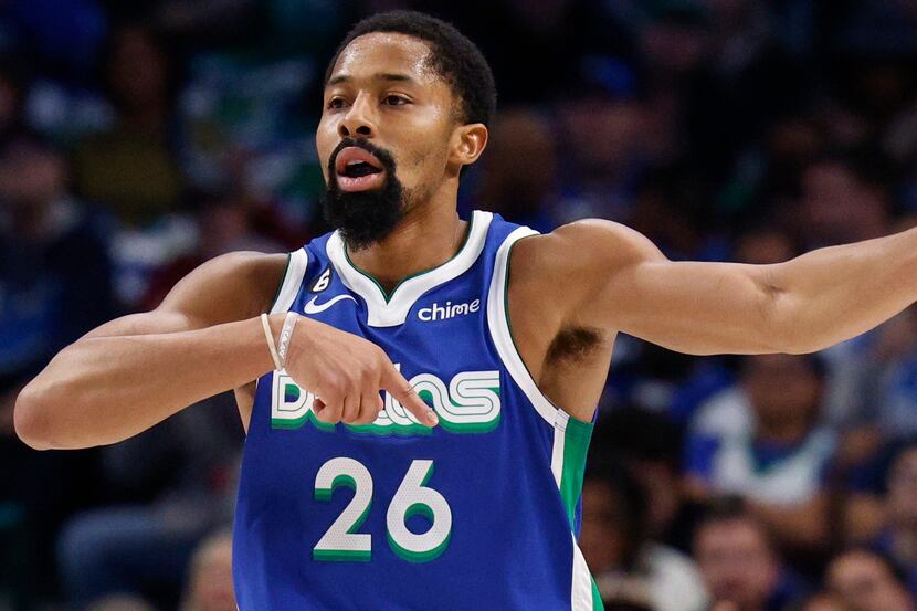 Dallas Mavericks guard Spencer Dinwiddie (26) celebrates a three-point shot during the first...