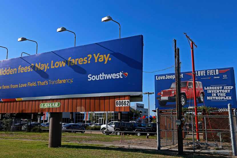 A Southwest Airlines billboard is seen on Mockingbird Lane near the Dallas Love Field airport.