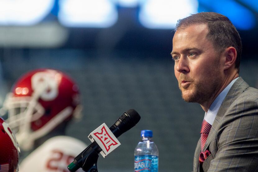 University of Oklahoma head football coach Lincoln Riley speaks during the Big 12 Conference...