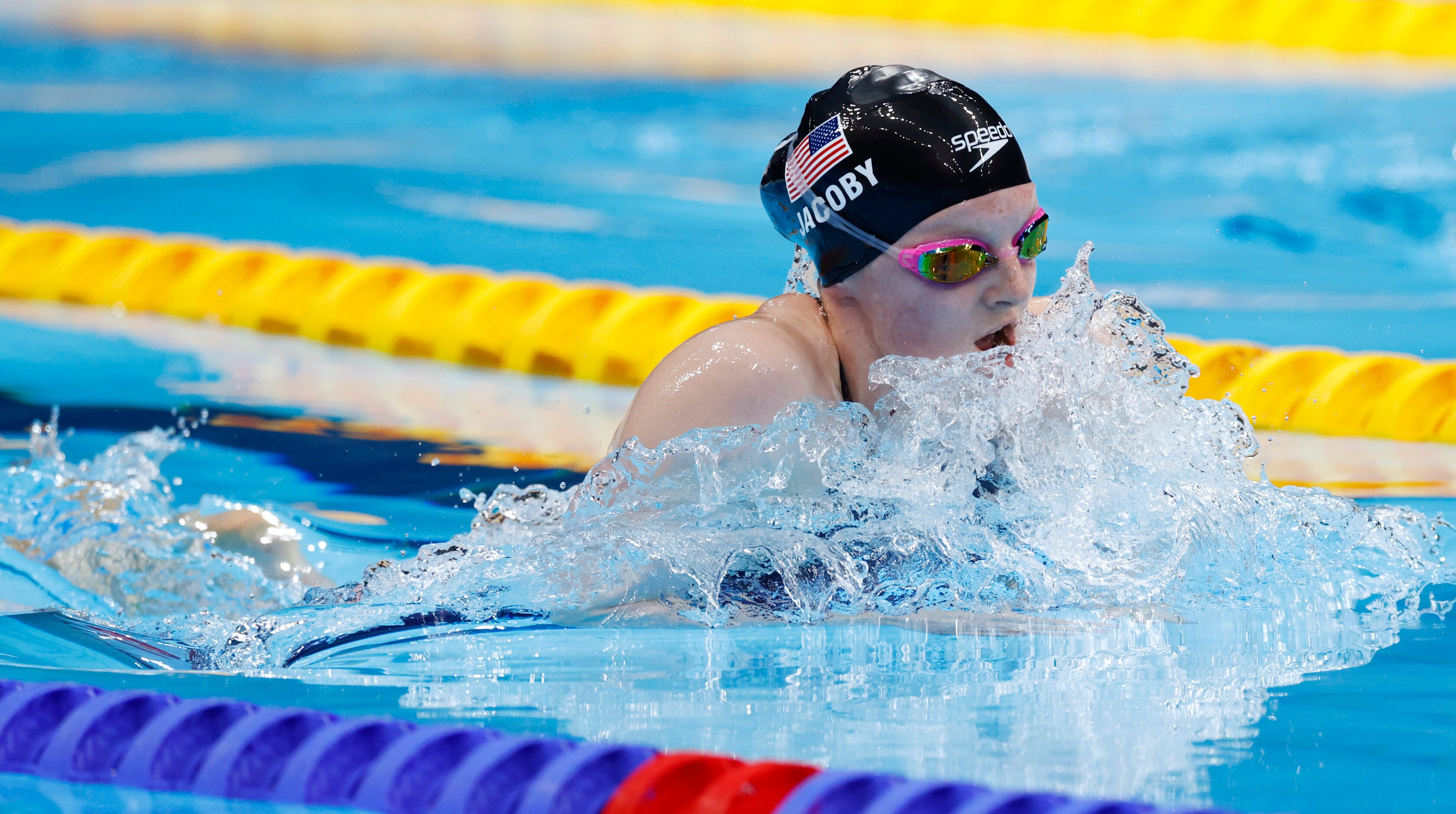 USA’s Lydia Jacoby competes in the women’s 100 meter breaststroke final during the postponed...