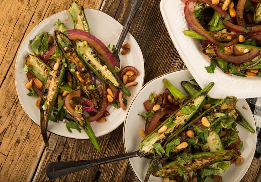 Warm Okra and Red Onion Salad with Pine Nuts 