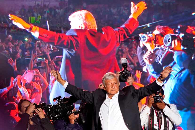 In this Wednesday, June 27, 2018, photo, presidential candidate Andrés Manuel López Obrador...
