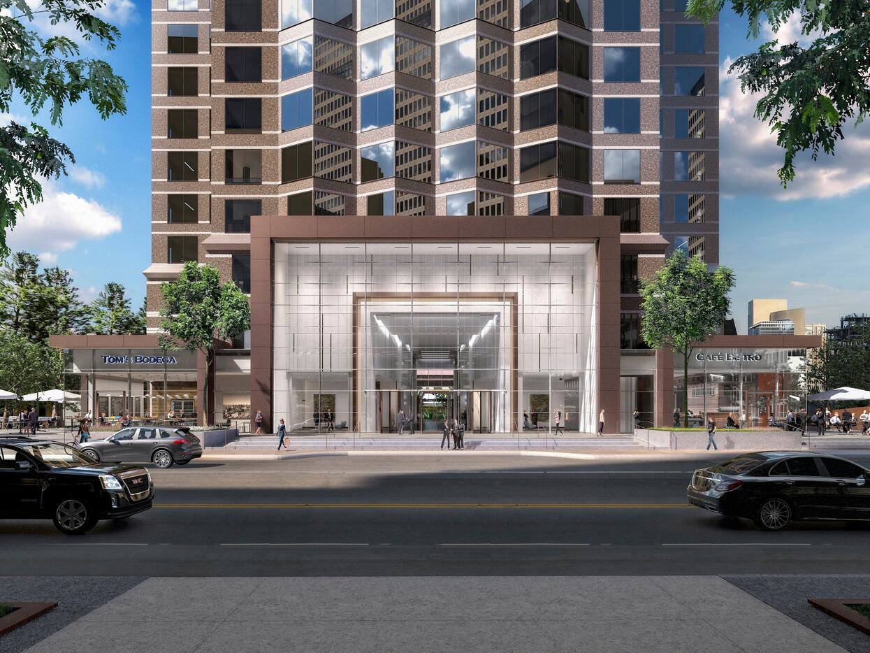 A new glass entry and retail will replace small doors and granite walls on the Ross Avenue...