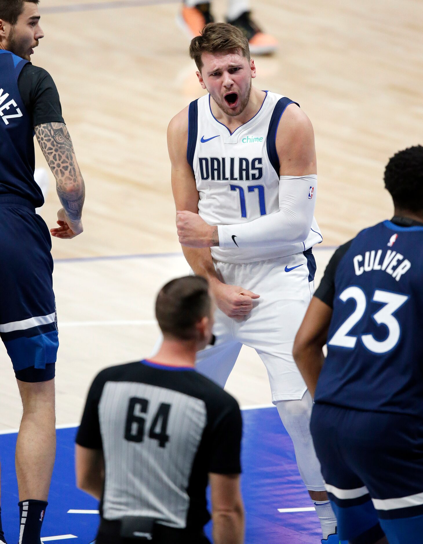 Dallas Mavericks guard Luka Doncic (77) expresses his displeasure in referee Justin Van...