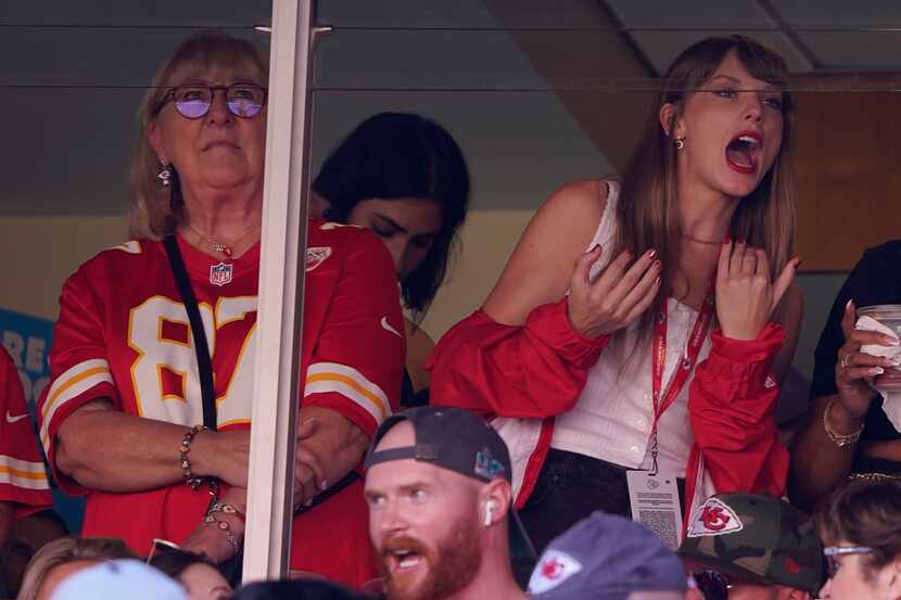 Taylor Swift, right, watches from a suite alongside Travis Kelce's mother, Donna Kelce,...