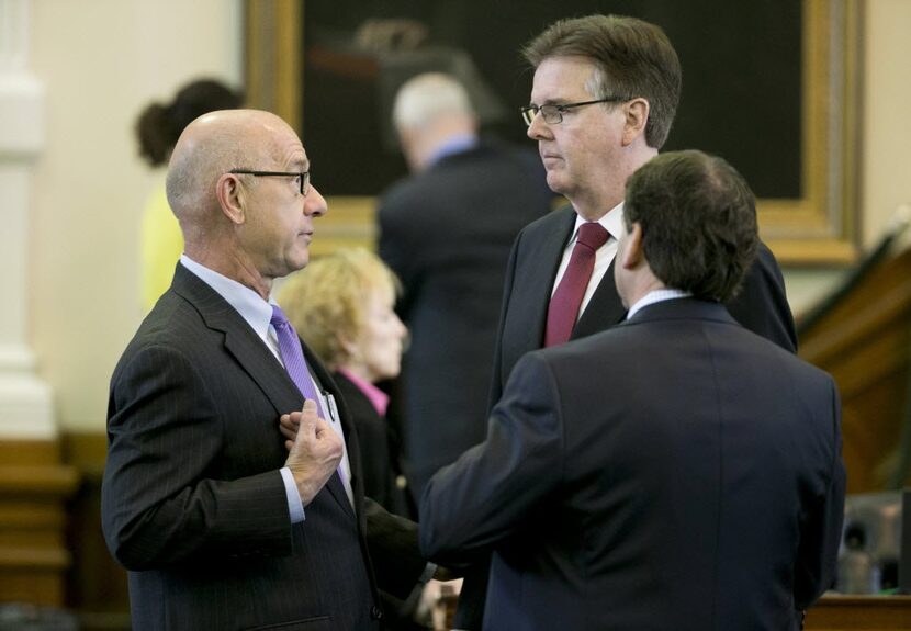  Sen. John Whitmire (left) chatted with Lt. Gov. Dan Patrick (center) and Sen. Kevin Eltife...