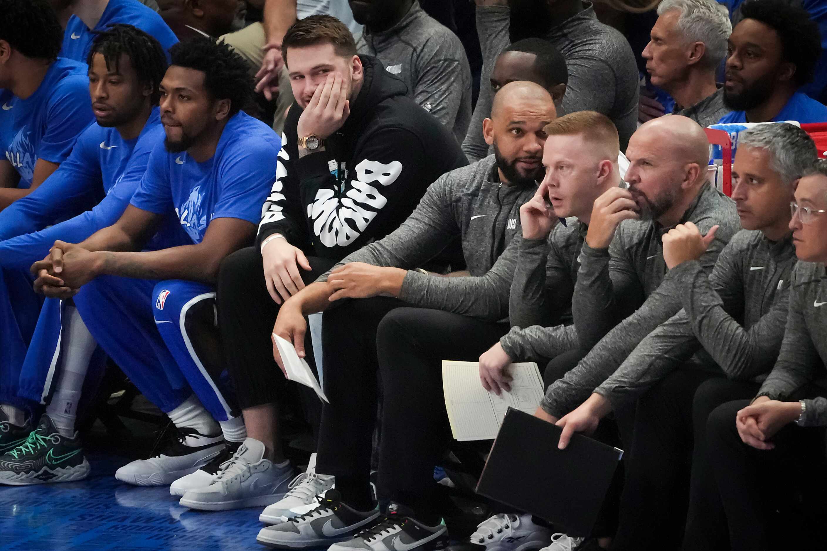 Dallas Mavericks guard Luka Doncic watches from the bench during the first quarter in Game 1...