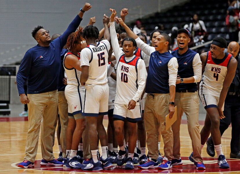 Kimball high players, including Kimball High’s Jawan Shaw (10) and DaCannon Wickware (4)...