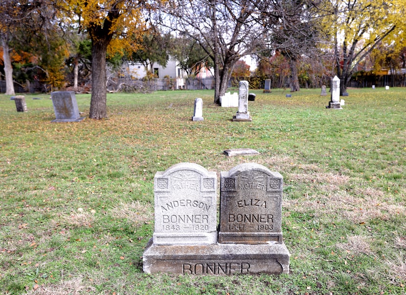 Markers at the burial sites of Black pioneers Anderson and Eliza Bonner. Born into slavery,...