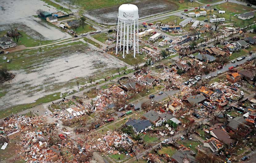 An aerial image of Rowlett from Dec. 27, 2015, shows the path of a tornado that ripped...