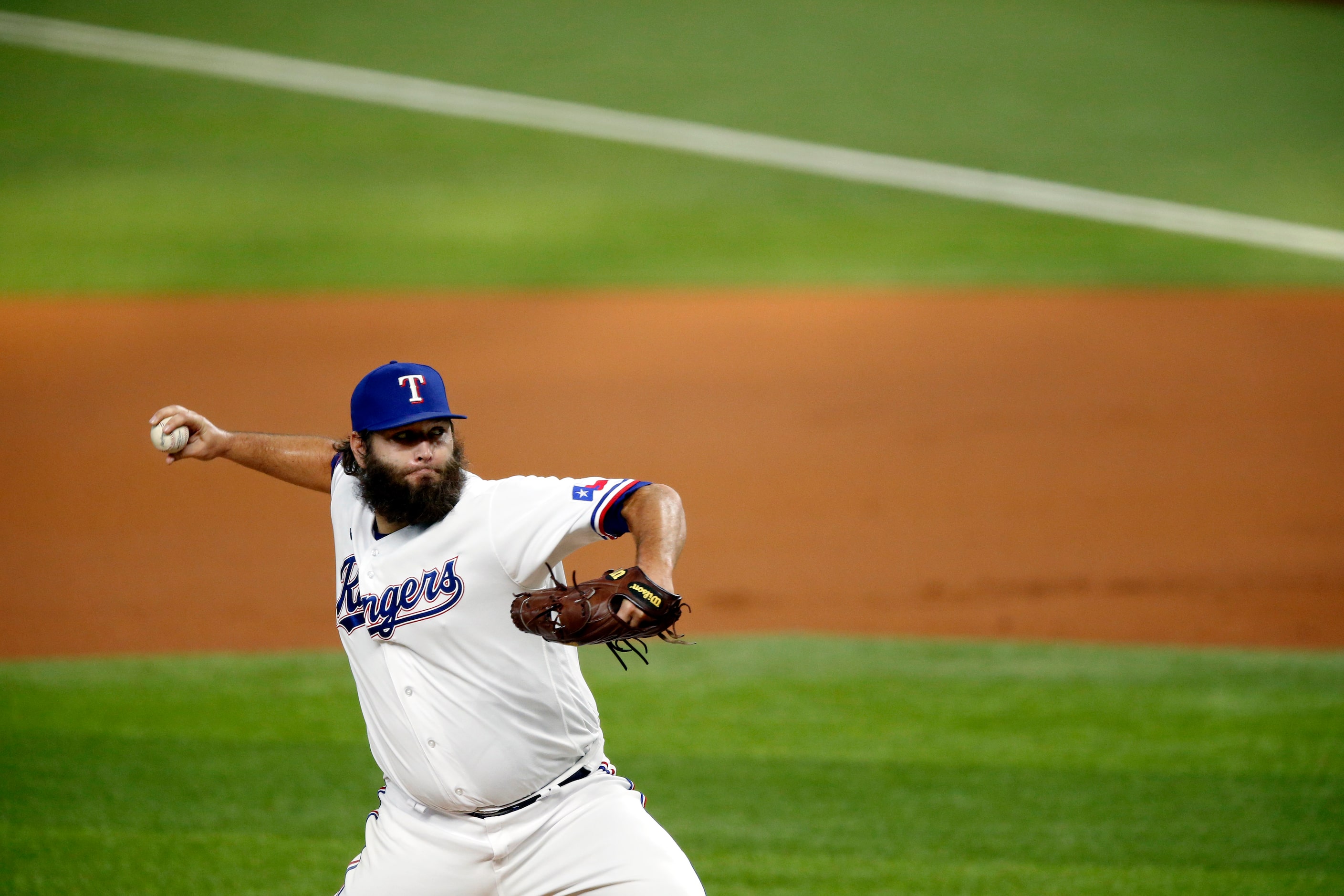 Texas Rangers starting pitcher Lance Lynn (35) pitches against the Oakland Athletics in the...