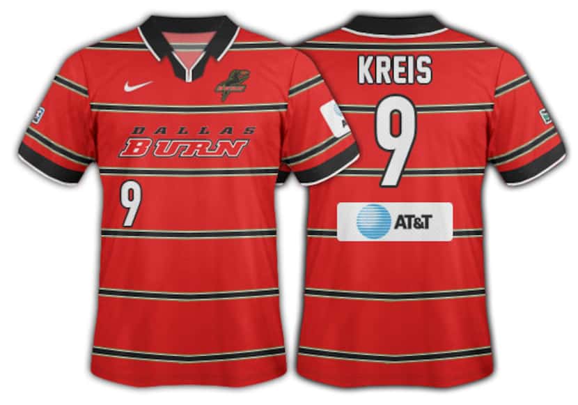 1998-99 Dallas Burn red with thin black hoops and burn wordmark primary.