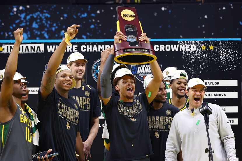 The Baylor Bears celebrate with the trophy after their win against the Gonzaga Bulldogs in...