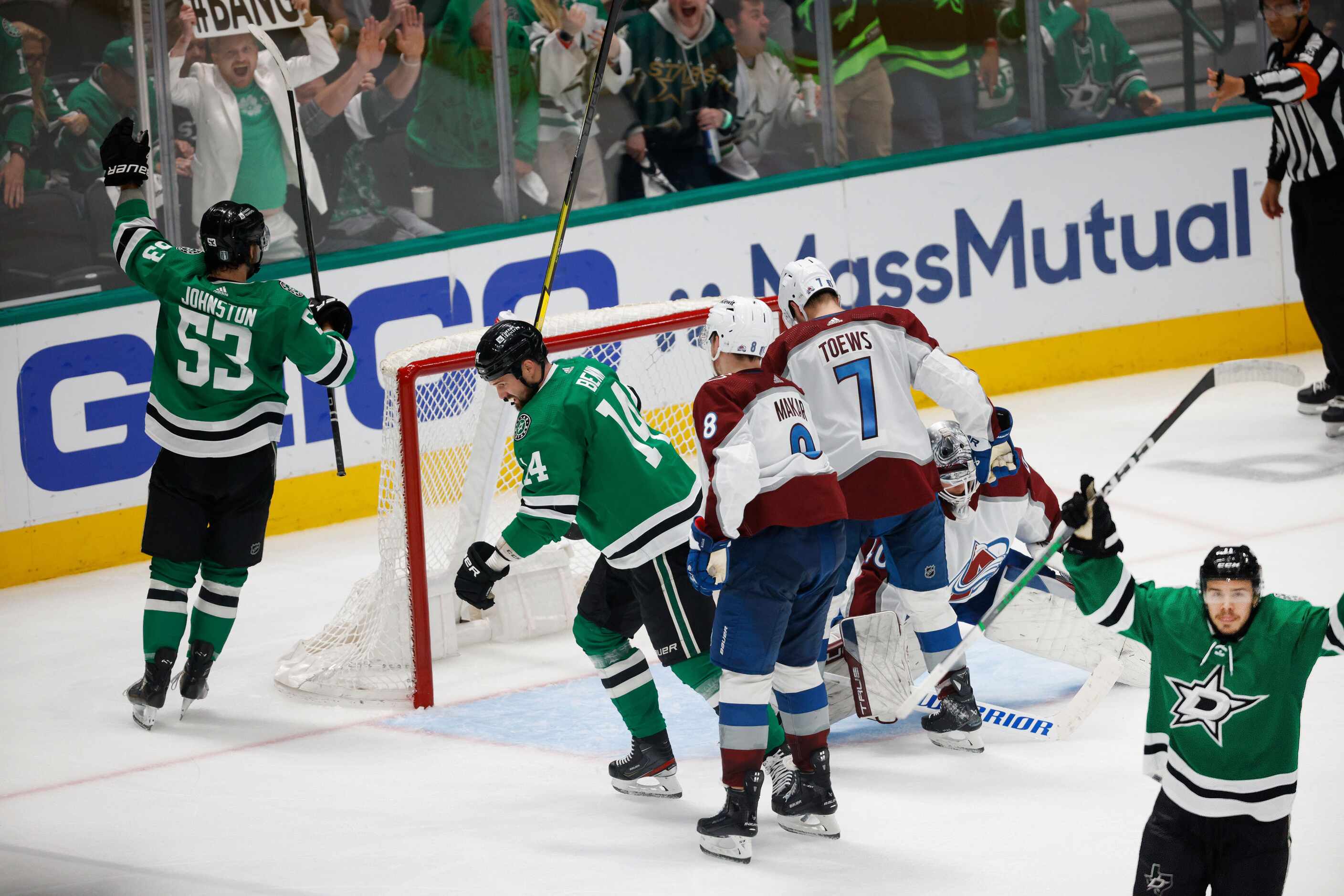 Dallas Stars center Logan Stankoven (11), far right, celebrates with his teammates Dallas...