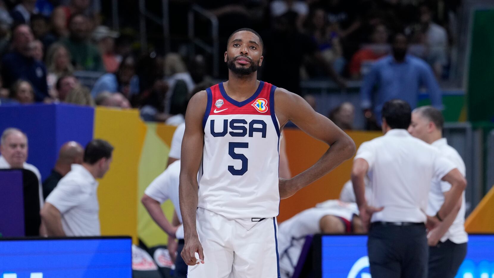 U.S. forward Mikal Bridges (5) reacts after the Basketball World Cup bronze medal game...