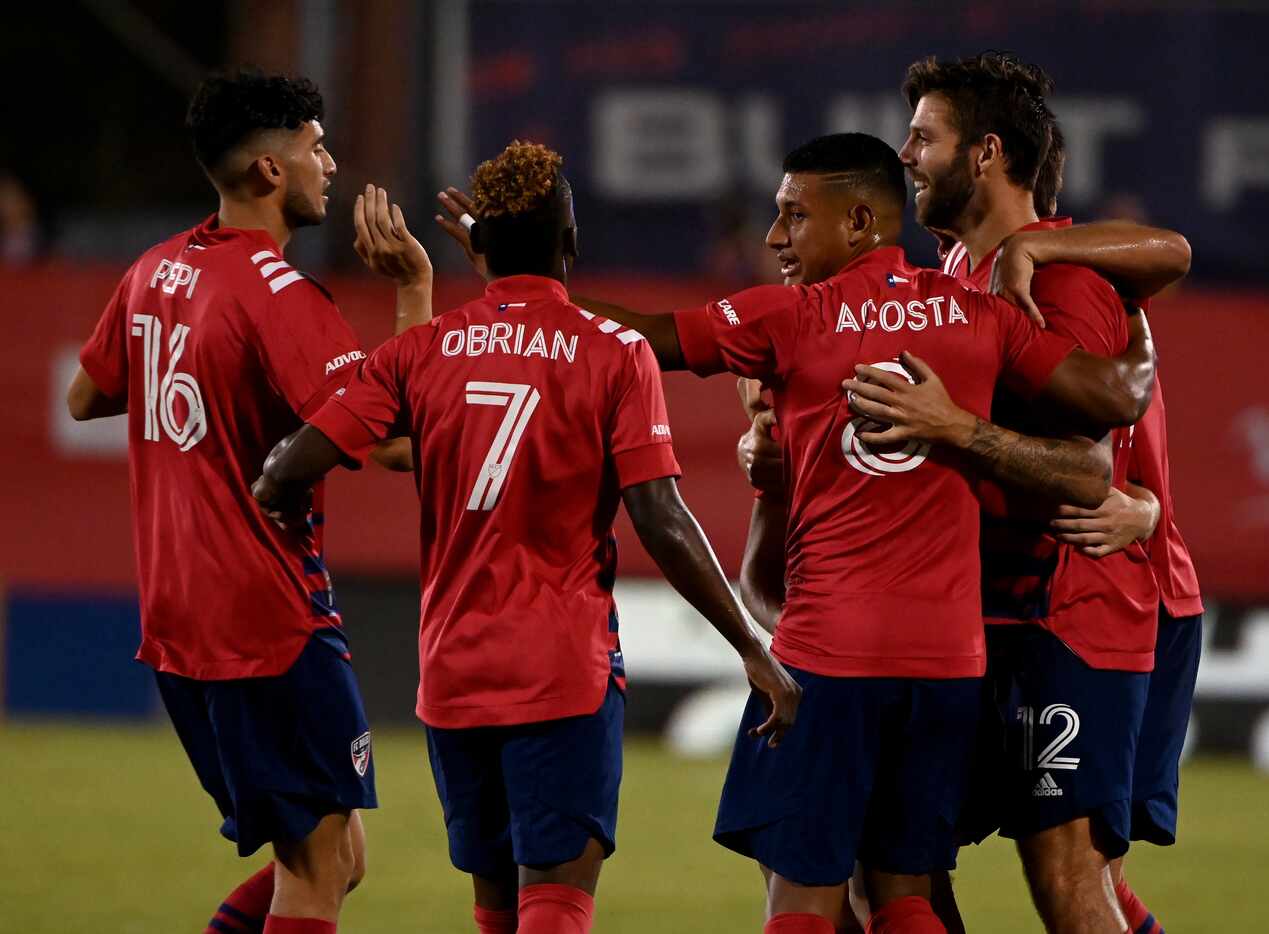 From left, FC Dallas forward Ricardo Pepi (16), FC Dallas forward Jader Obrian (7), FC...