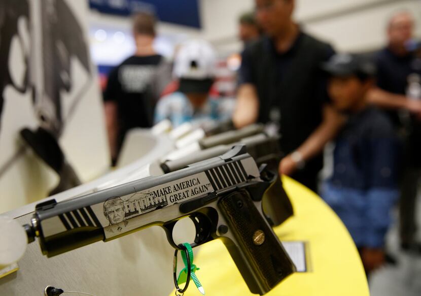 A Thompson Trump Custom 1911 on display at the NRA Annual Meeting & Exhibits at Kay Bailey...