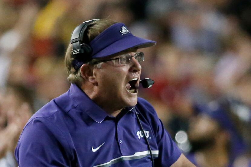 TCU head coach Gary Patterson yells during the fourth quarter against Oklahoma at Amon G....