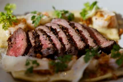 Steak and Ravioli Bianco at Joey in Dallas' NorthPark Center combines grilled sirloin and...
