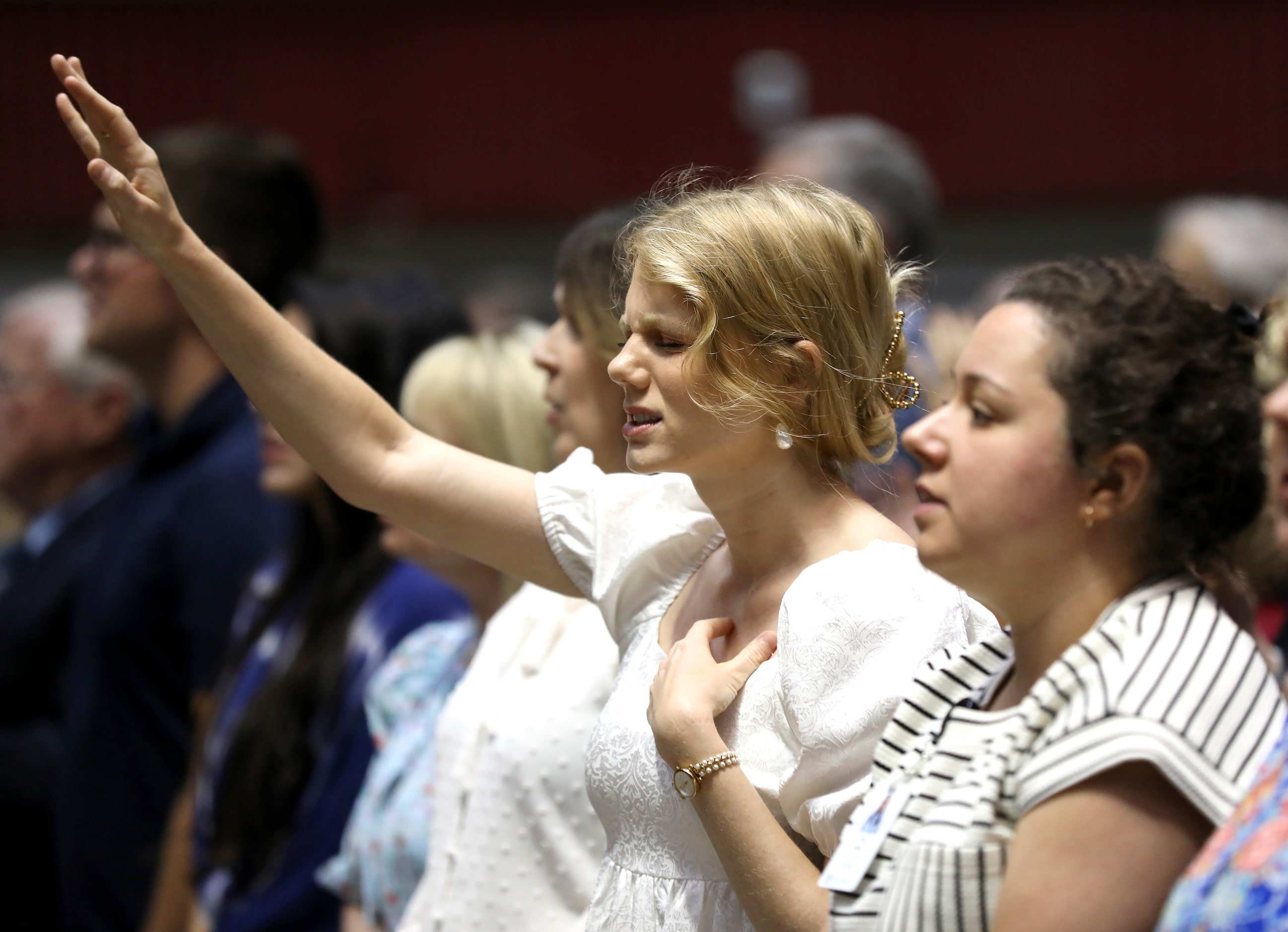 First Baptist Church members participate in Sunday service held at the Dallas Convention...