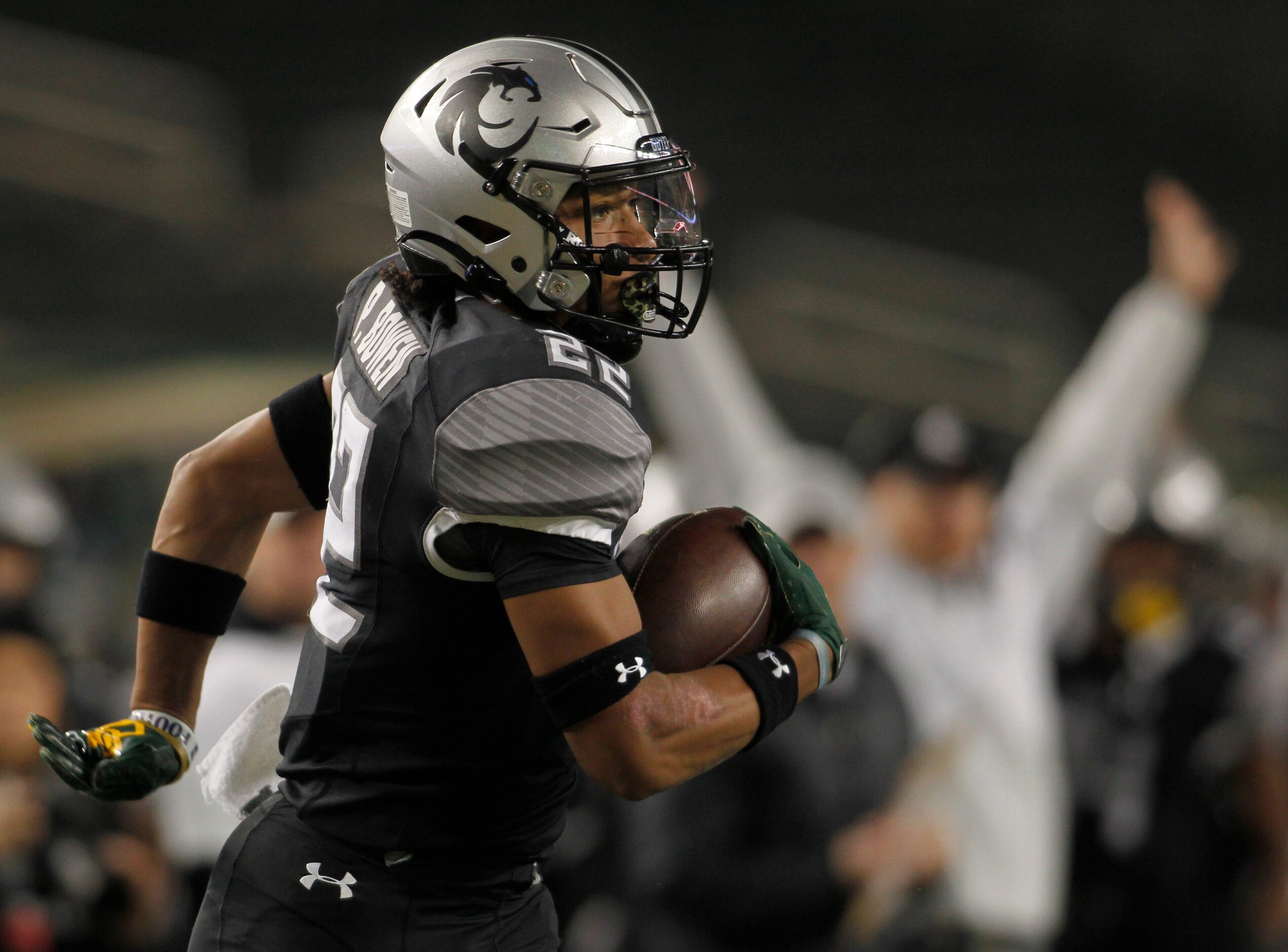 Denton Guyer defensive back Peyton Bowen (22) returned a second quarter interception against...