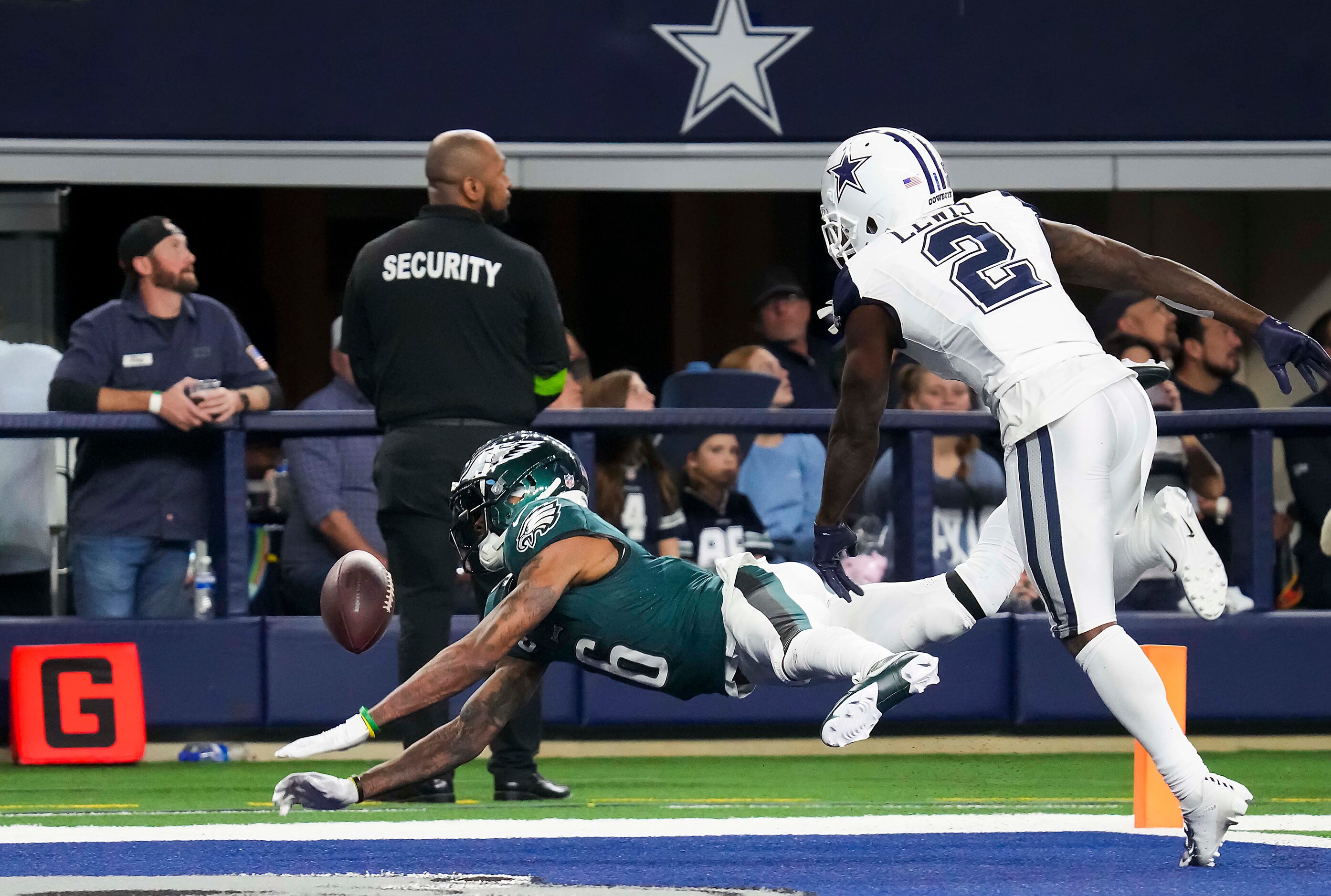 Philadelphia Eagles wide receiver DeVonta Smith (6) can’t make a catch in the end zone a...