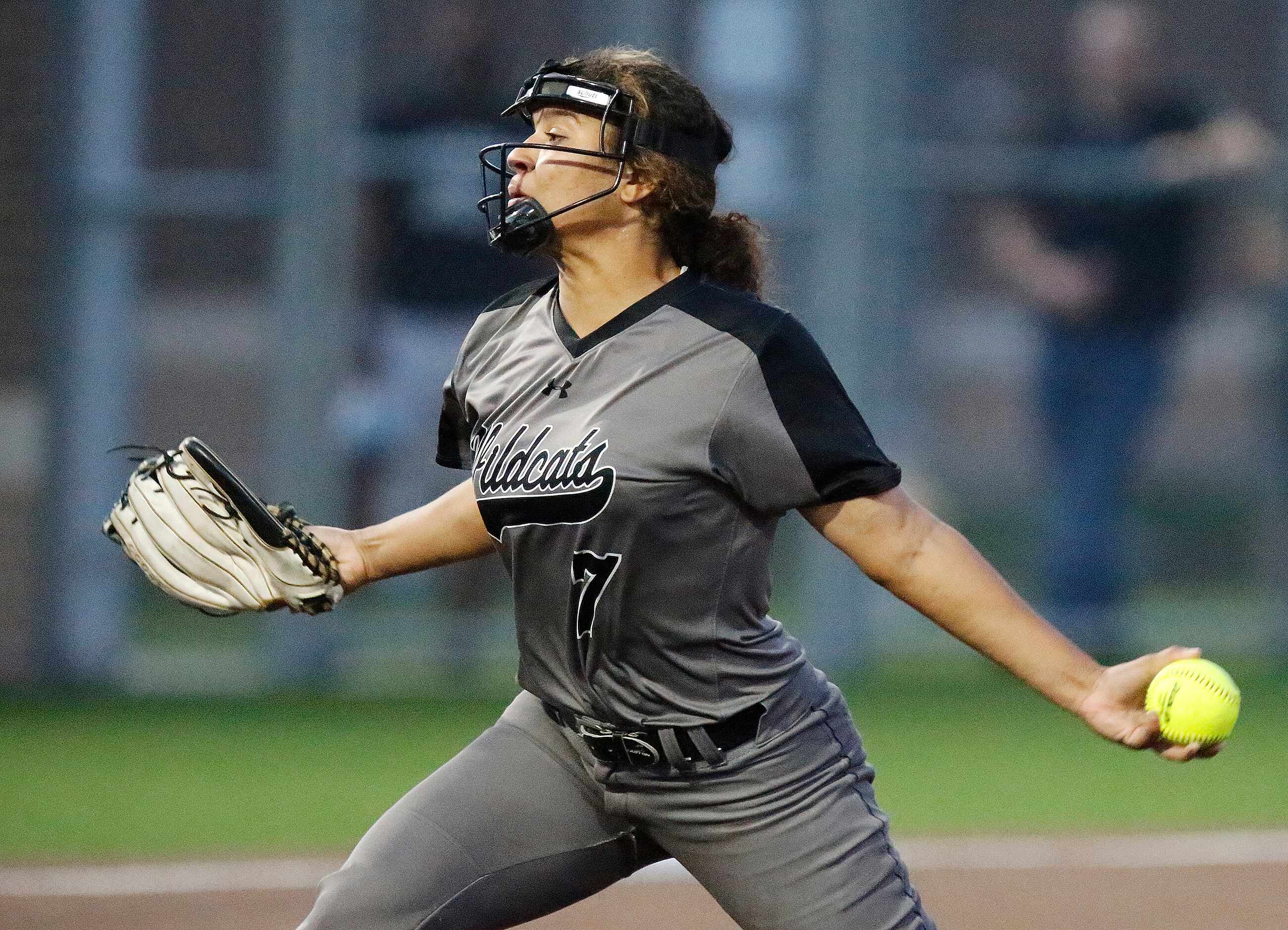 Denton Guyer High School pitcher Tehya Pitts (7) throws a pitch in the second inning as...