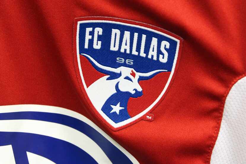 The team logo on the Adidas game jersey for the FC Dallas swag project photographed on...