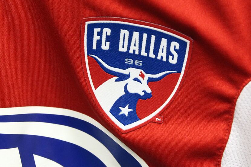 The team logo on the Adidas game jersey for the FC Dallas swag project photographed on...