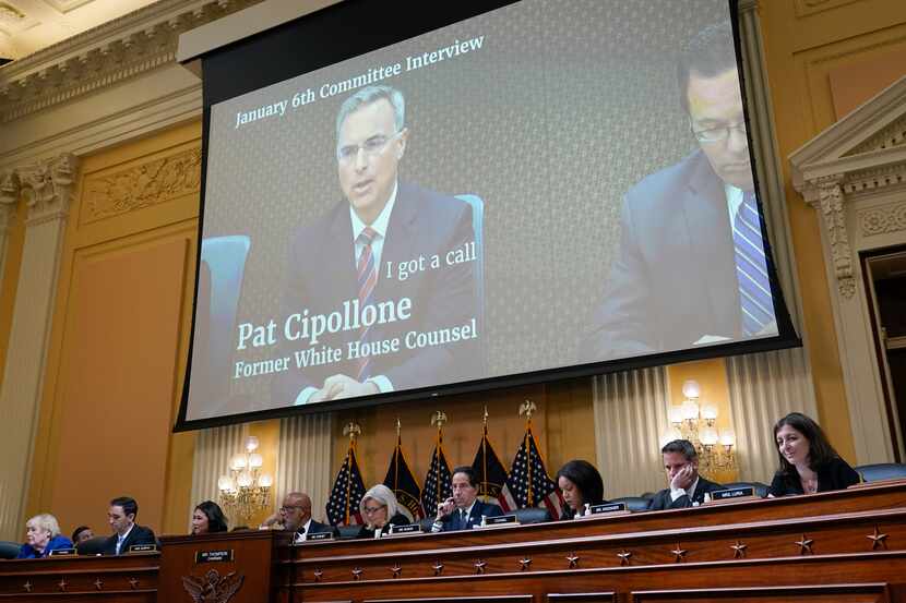 A video of former White House counsel Pat Cipollone is shown as the House select committee...