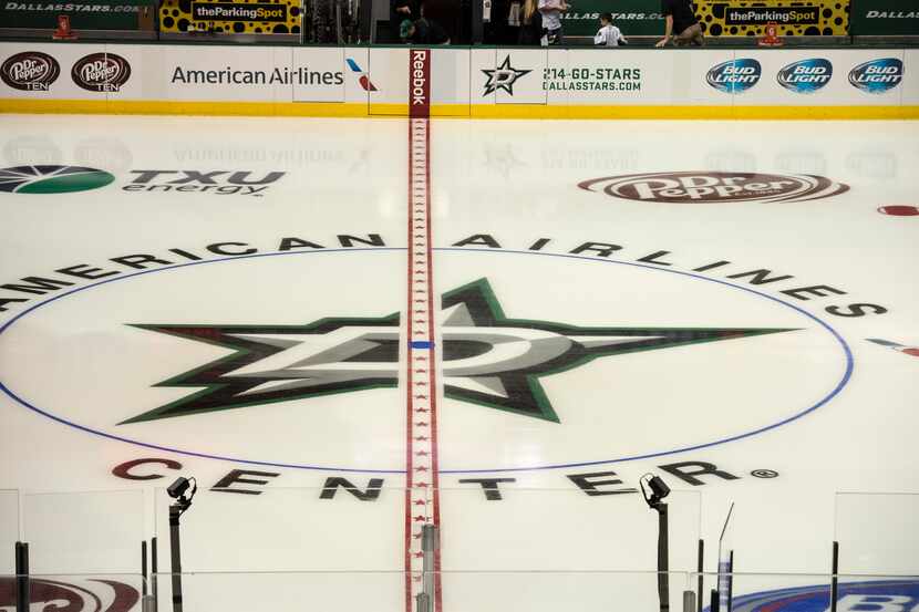 Sep 15, 2013; Dallas, TX, USA; A view of the ice with the new Dallas Stars logo before the...