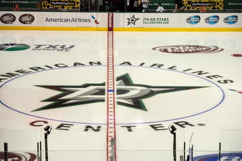 Sep 15, 2013; Dallas, TX, USA; A view of the ice with the new Dallas Stars logo before the...