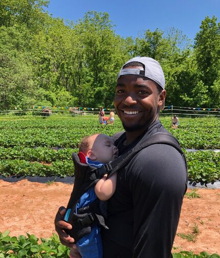 Rangers pitching prospect Alex Speas and his infant daughter Haven on Feb. 2, 2020.