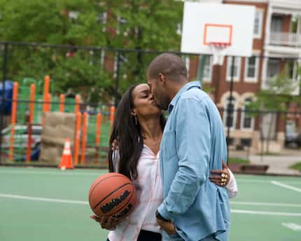 Rachel Lindsay locks lips with Eric Bigger after a casual basketball game in his hometown of...