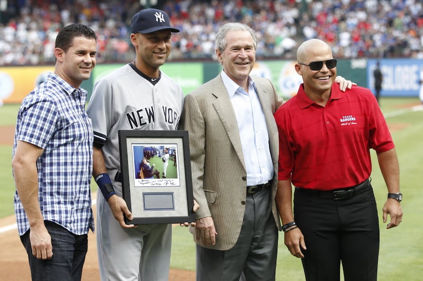 Former Texas Rangers Michael Young (left), New York Yankees shortstop Derek Jeter (2), 43rd...