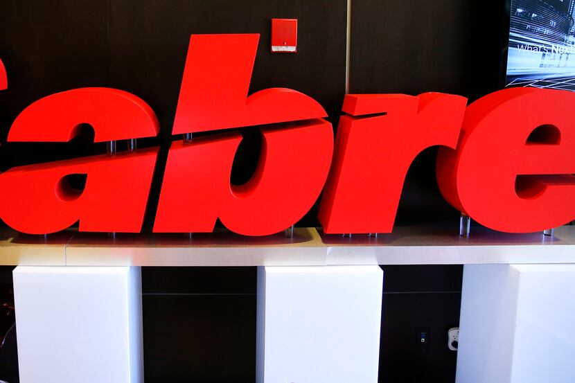 Sabre logo on display at the investor day conference held at the Hilton Southlake Town...