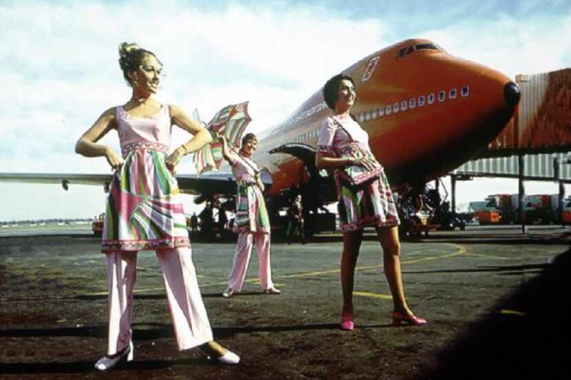 Braniff International Airways flight attendants modeled their Emilio Pucci-designed uniforms...