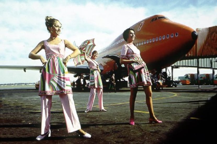 Braniff International Airways flight attendants modeled their Emilio Pucci-designed uniforms...