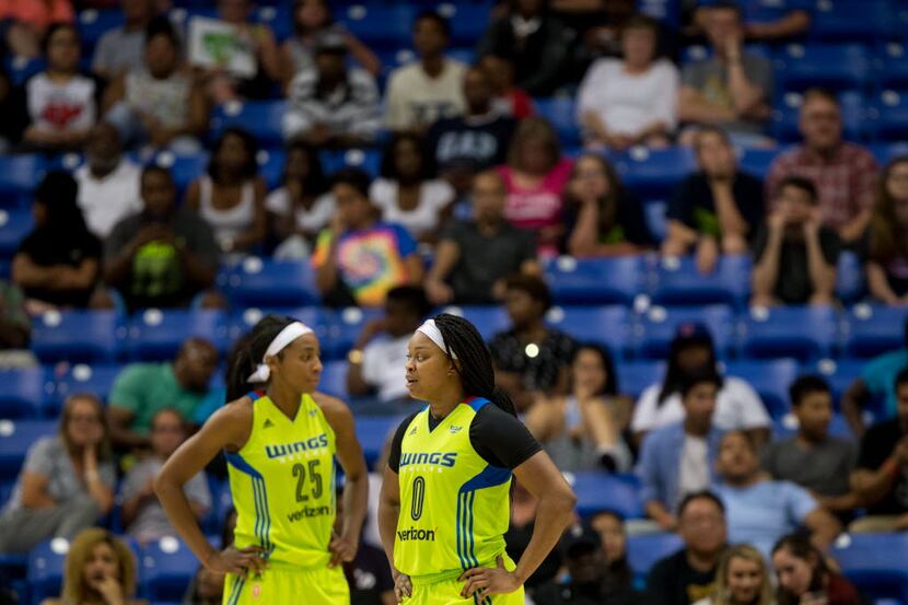 Dallas Wings guard Odyssey Sims (0) and forward Glory Johnson (25) stood on the court await...