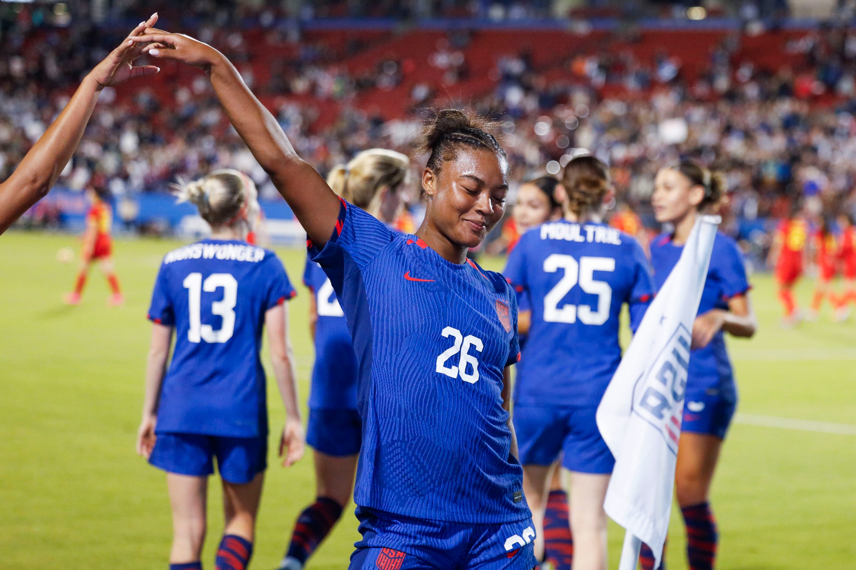 Untied State’s Jaedyn Shaw (center) celebrates her first international goal during the...