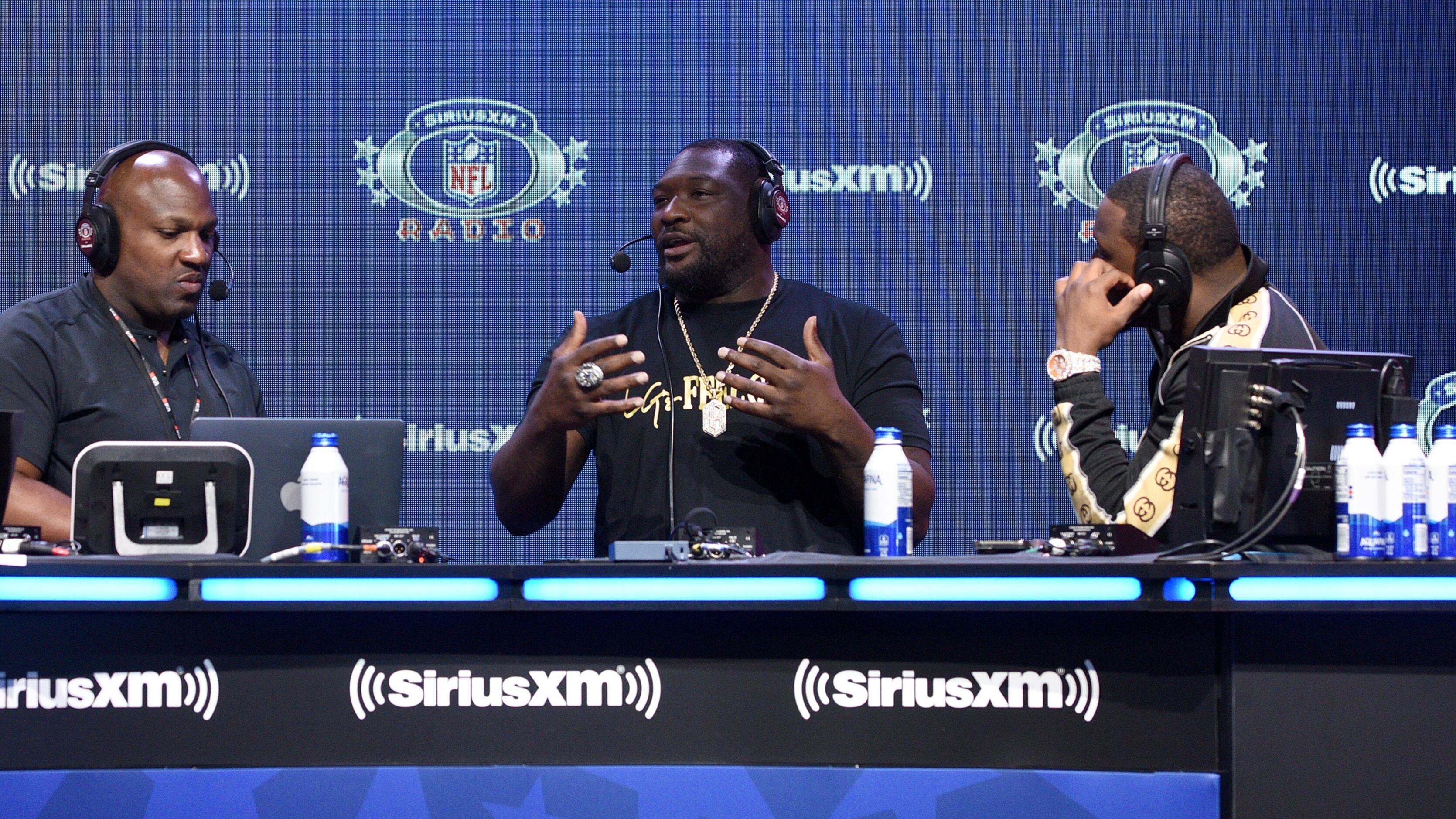 Behind the microphone at Super Bowl Radio Row