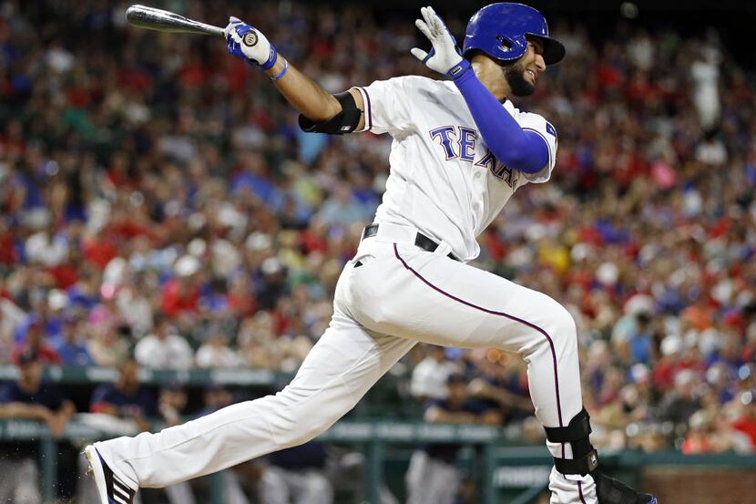 Texas Rangers right fielder Nomar Mazara strikes out swinging during the eighth inning of...